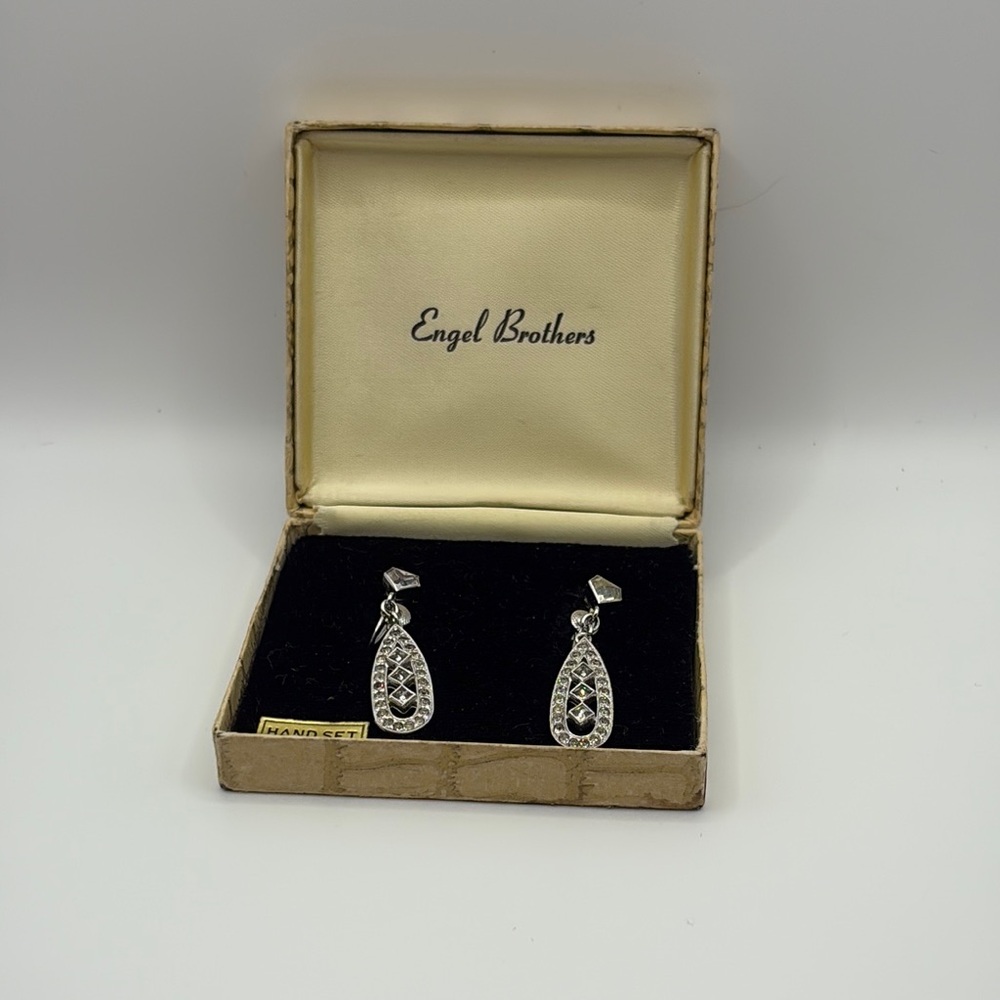 Antique 1930’s Engel Brothers Art Deco Silver Teardrop Earrings Hand Set